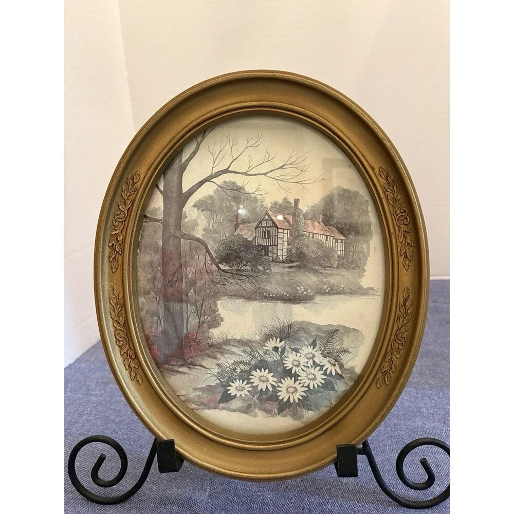 Two Vintage HomCo Gold Tone Oval Framed Prints by Artist F. Massa